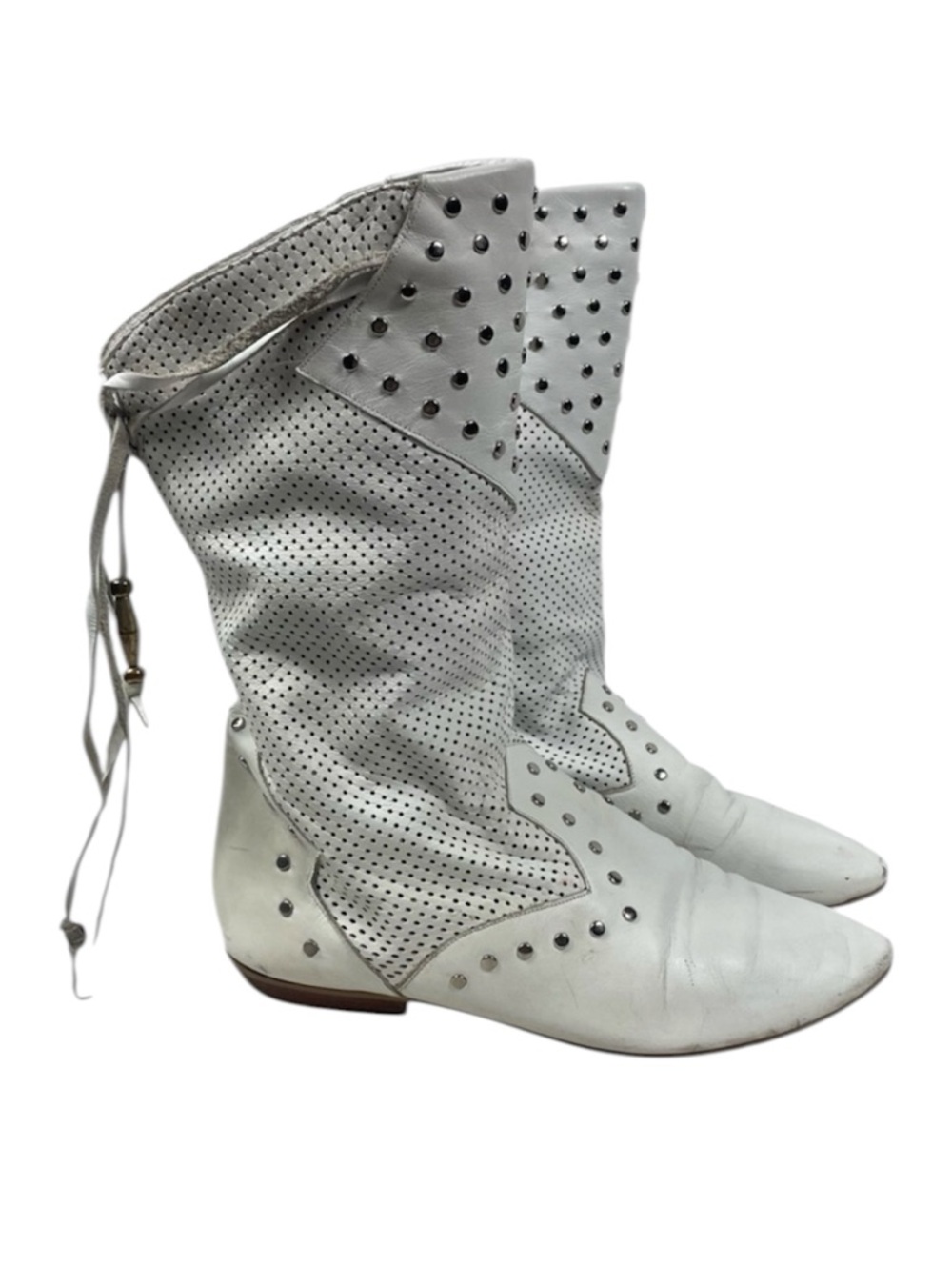 VTG LJ Simone Studded Leather Boots Western 80s Booties Tassels White Calf Retro